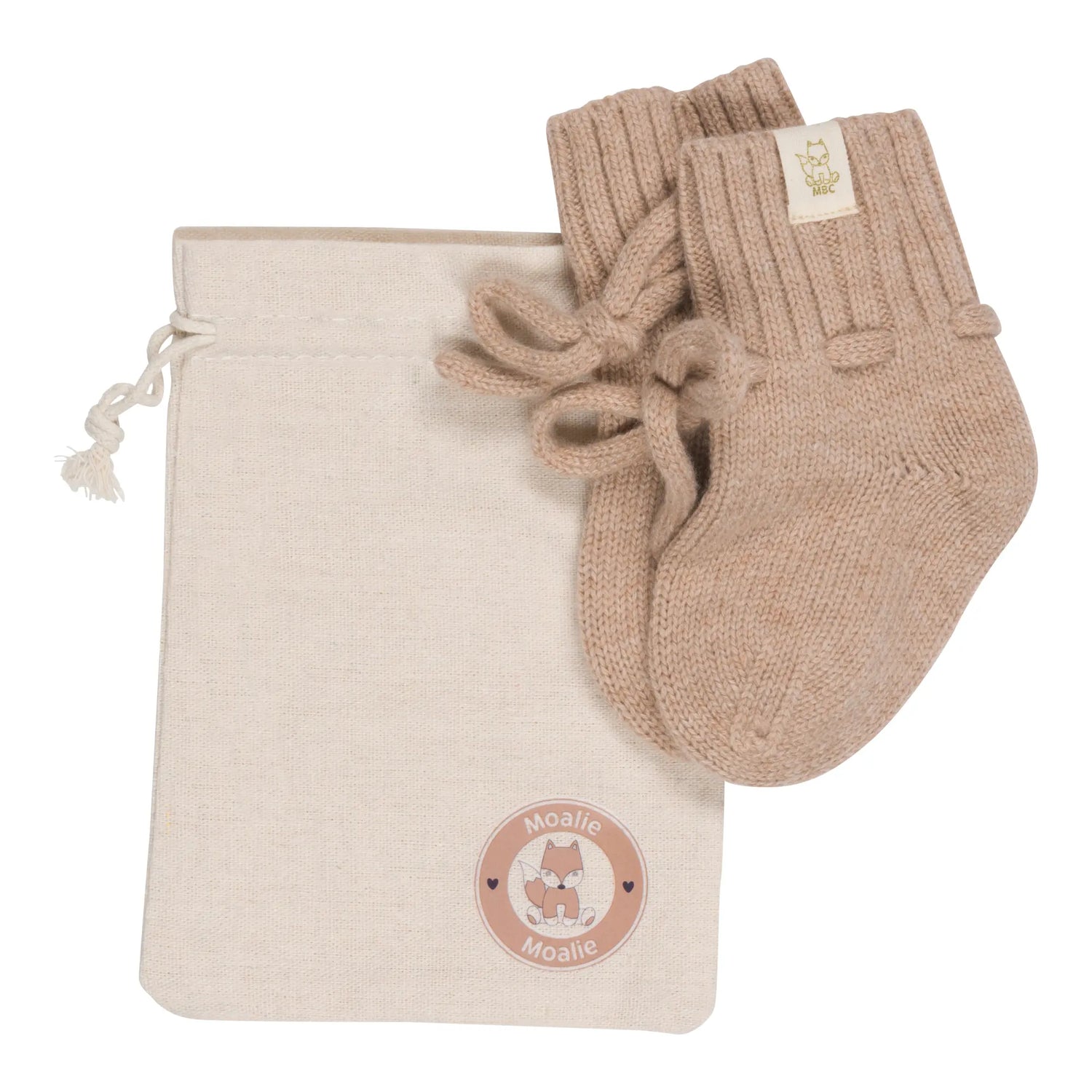 Babyslofjes van merinowol en kasjmier in de beige kleur Sienna met opbergzakje