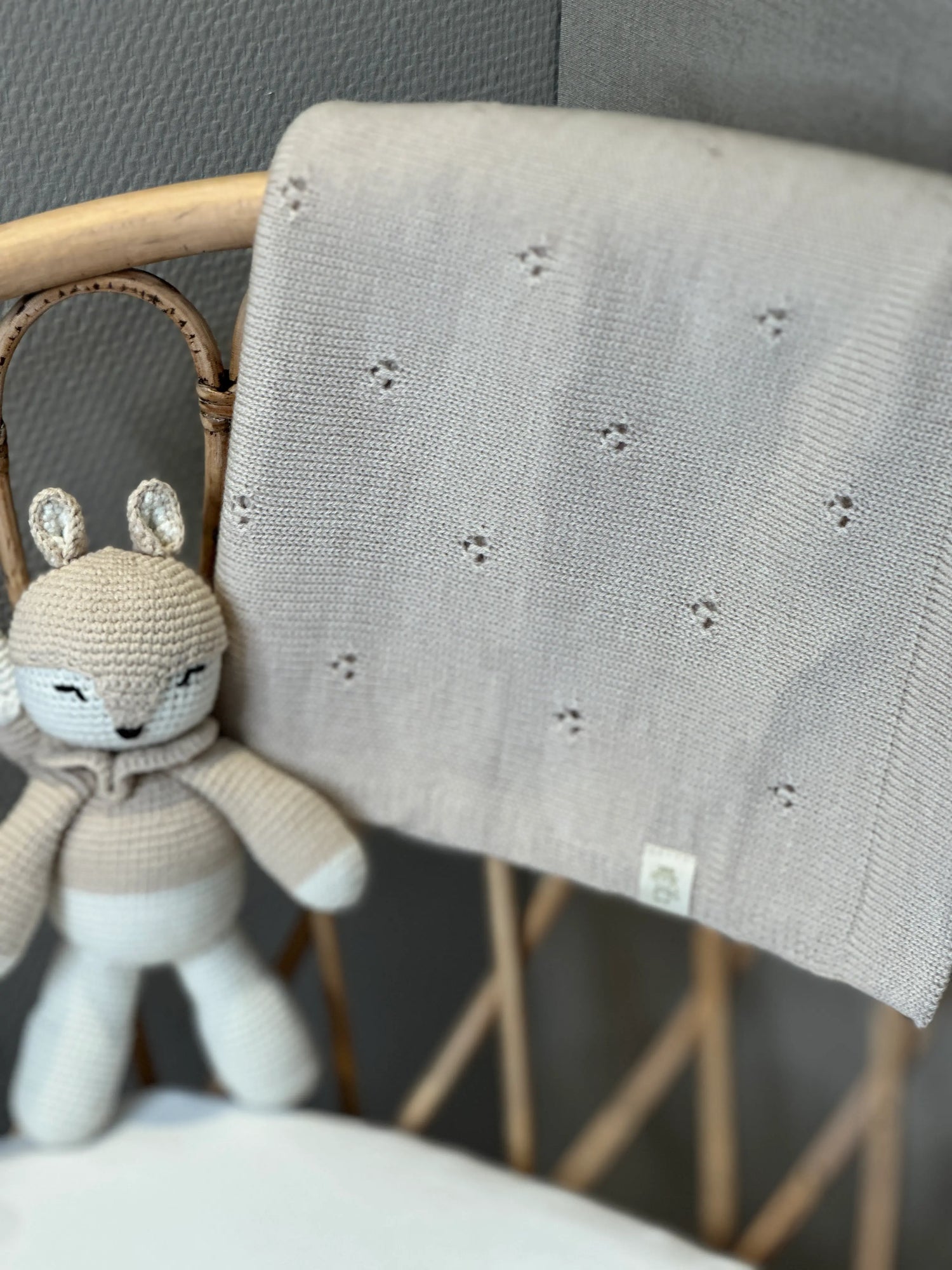 Rotan wieg met knuffeltje en wasbare merinowollen deken in Beige