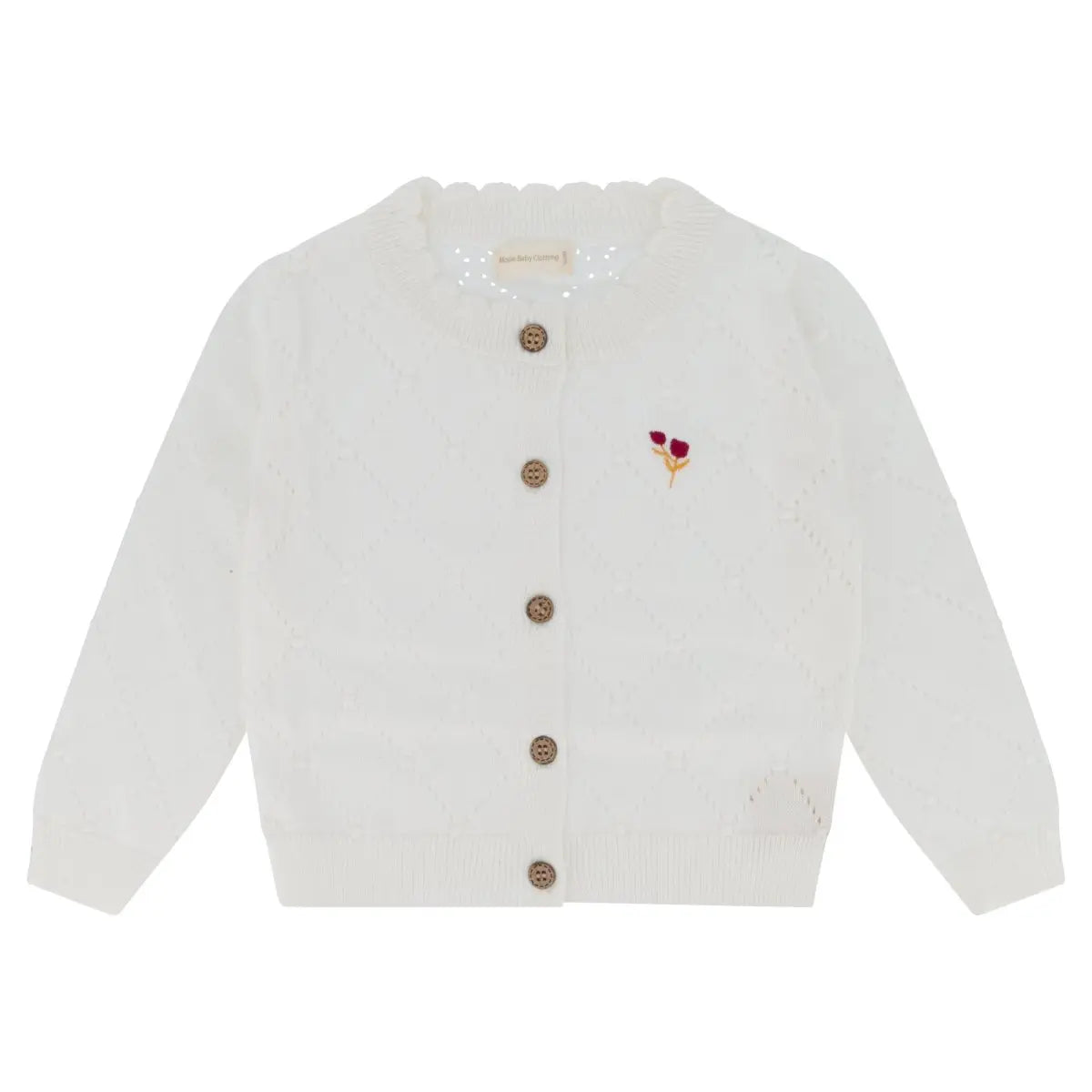 wit gebreid babyvestje van katoen met geborduurde tulpjes – tulip