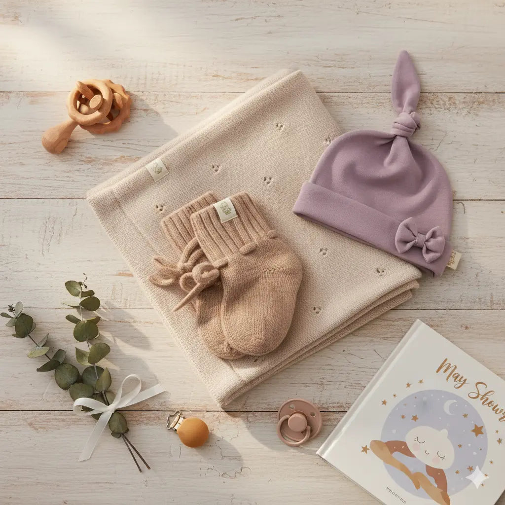 verzameling babyshower cadeaus van Moalie: deken, mutsje en slofjes