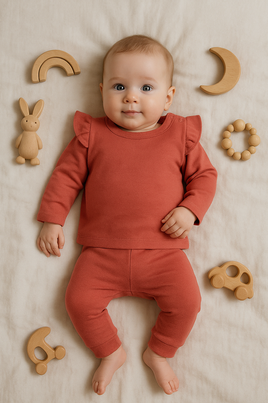 2 delig baby pakje in rood/bruine terra cotta kleur 