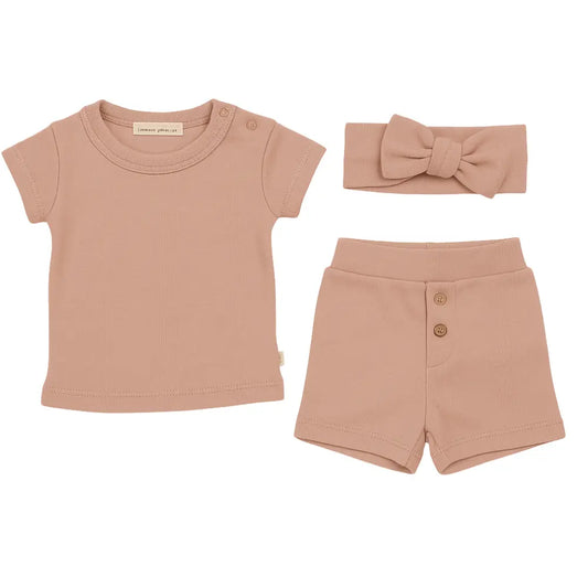 3-teiliges Sommer-Outfit aus altrosa Bio-Baumwolle - mit Haarband Moalie