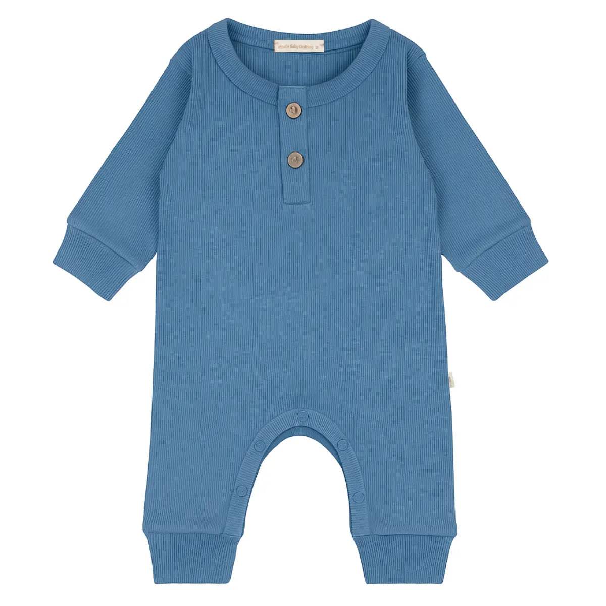 Baby-Overall aus Bio-Baumwolle in denim-blau mit Holzknöpfen, Größe 56 bis 86 - Moalie