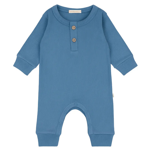 Baby-Overall aus Bio-Baumwolle in denim-blau mit Holzknöpfen, Größe 56 bis 86 - Moalie