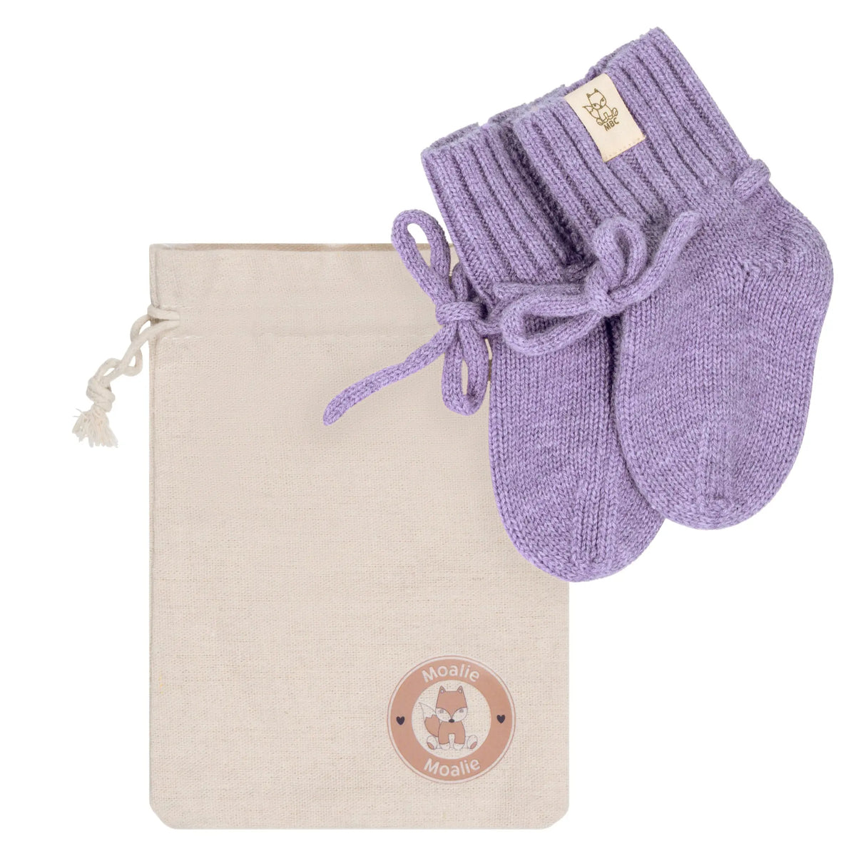 Lavender merino wool toddler booties with tie cords on a white background