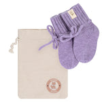 Lavender merino wool toddler booties with tie cords on a white background