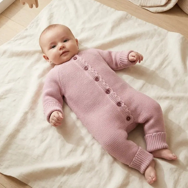 Baby in oud roze jumpsuit van gebreid katoen 