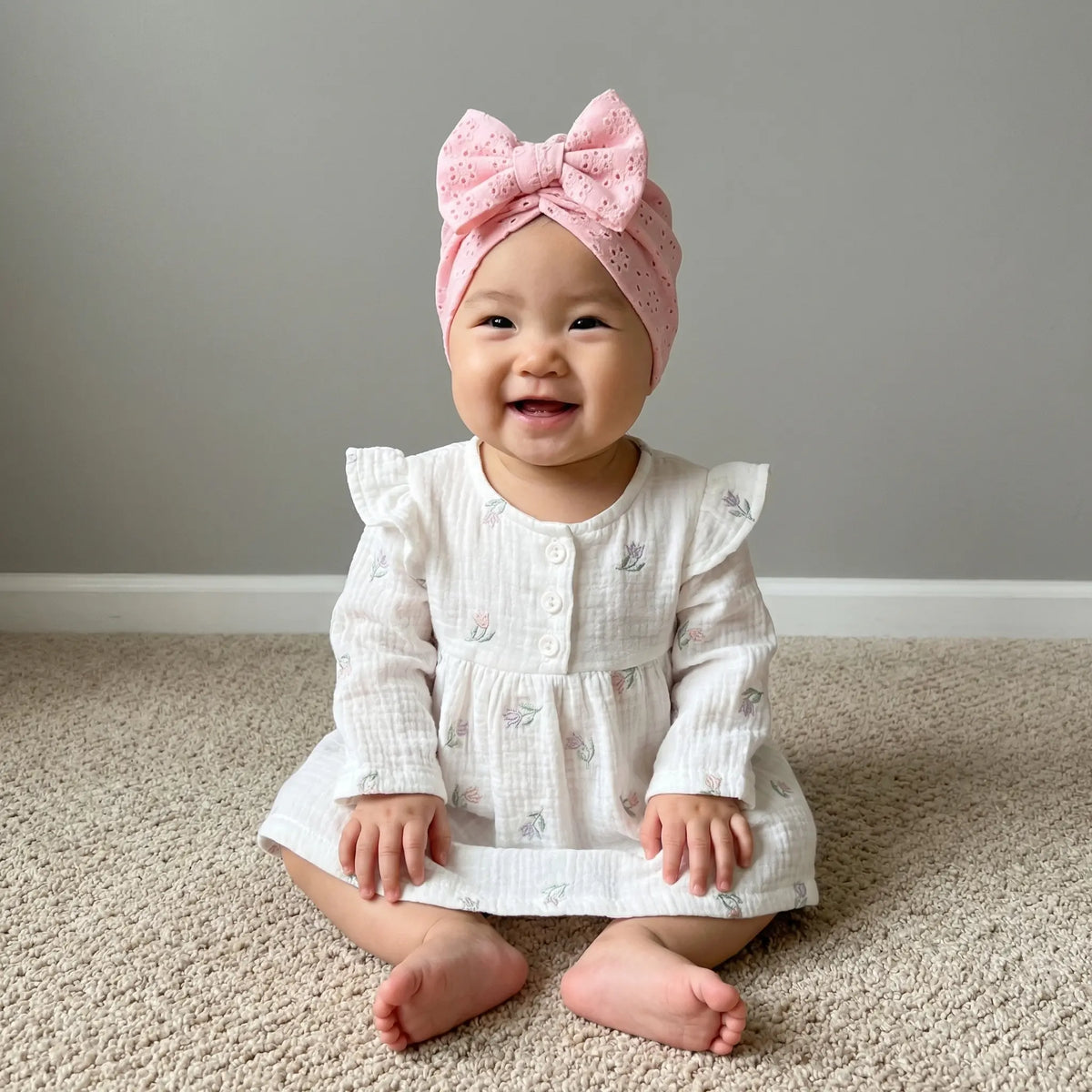 Baby meisje in wit muslin jurkje met roze broderie mutsje