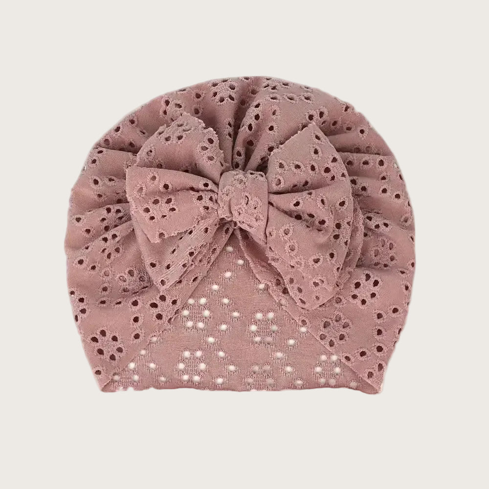 Baby turban muts broderie katoen met strik in oud roze — Moalie