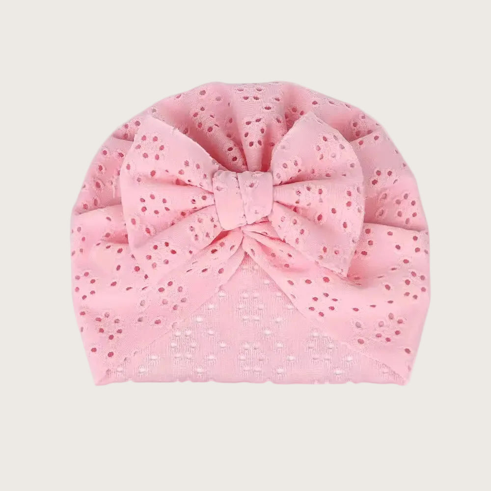 Baby turban muts broderie katoen met strik in roze — Moalie