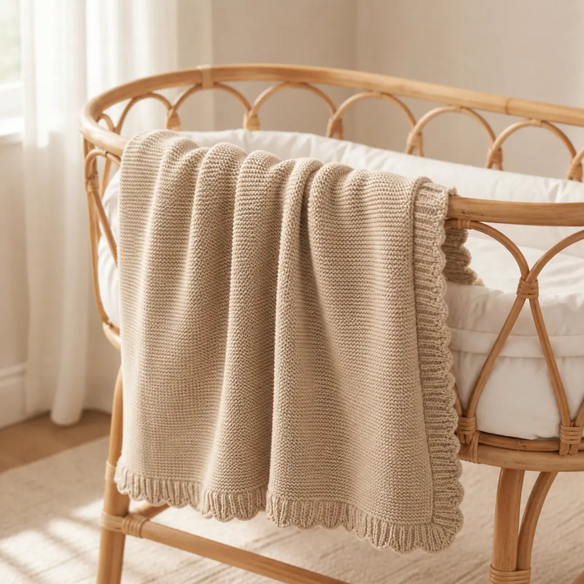 Beige gebreide wiegdeken over rotan wiegje 