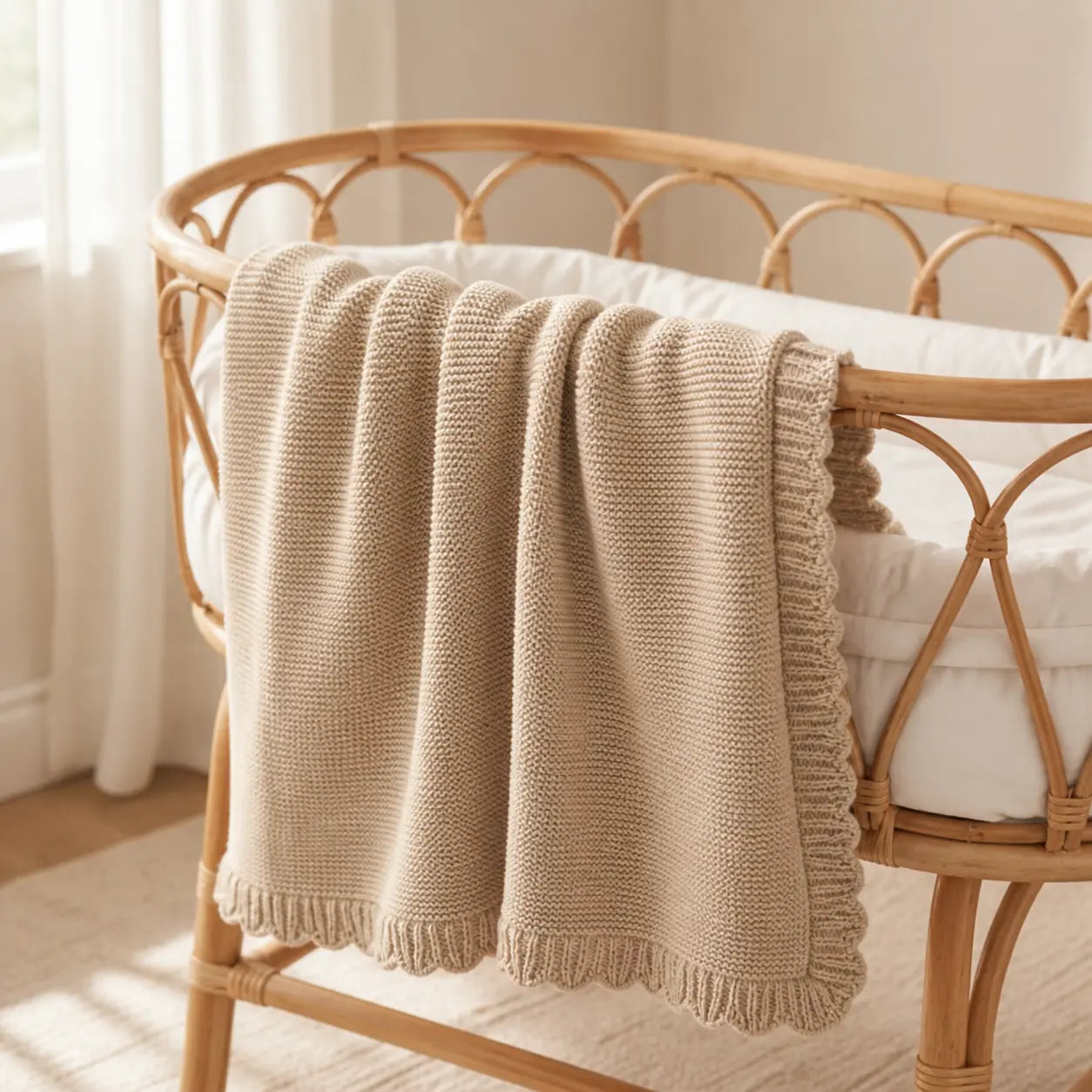 Beige gebreide wiegdeken over rotan wiegje 