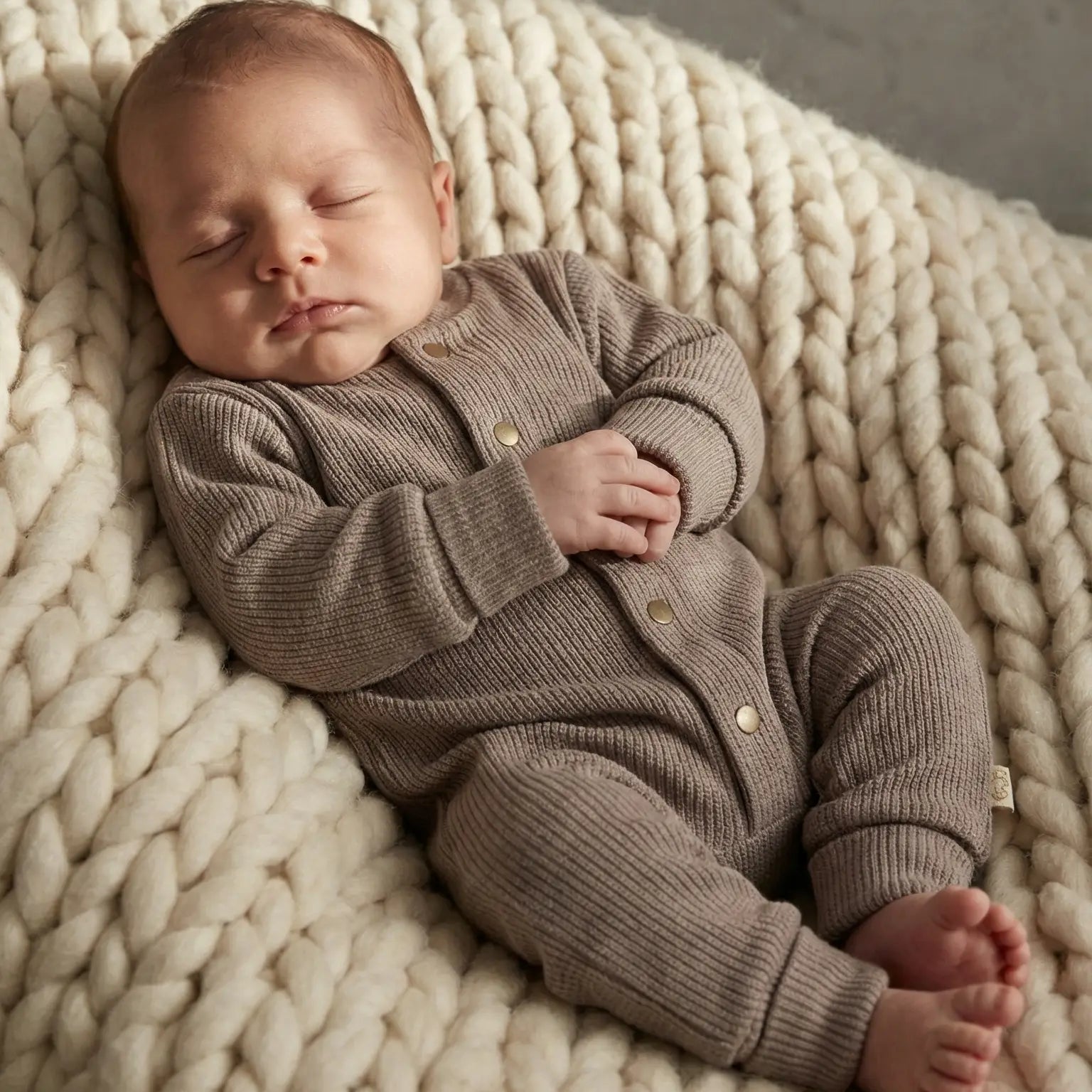 slapende baby inBoxpakje van bruin gebreide stof 