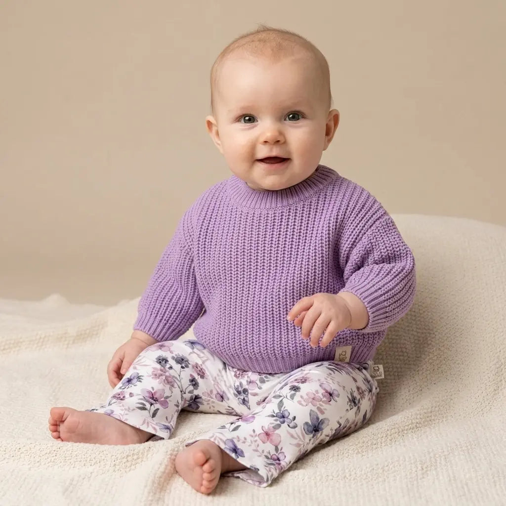baby in cotton knitted sweater lavender and purple flower flared baby pants 