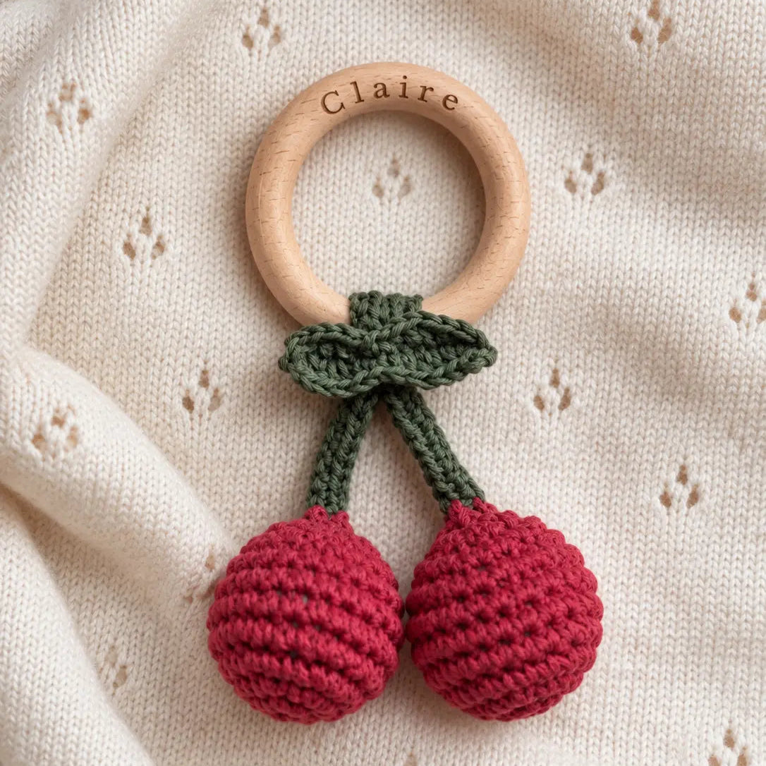 Crochet cherry rattle with engraved name 
