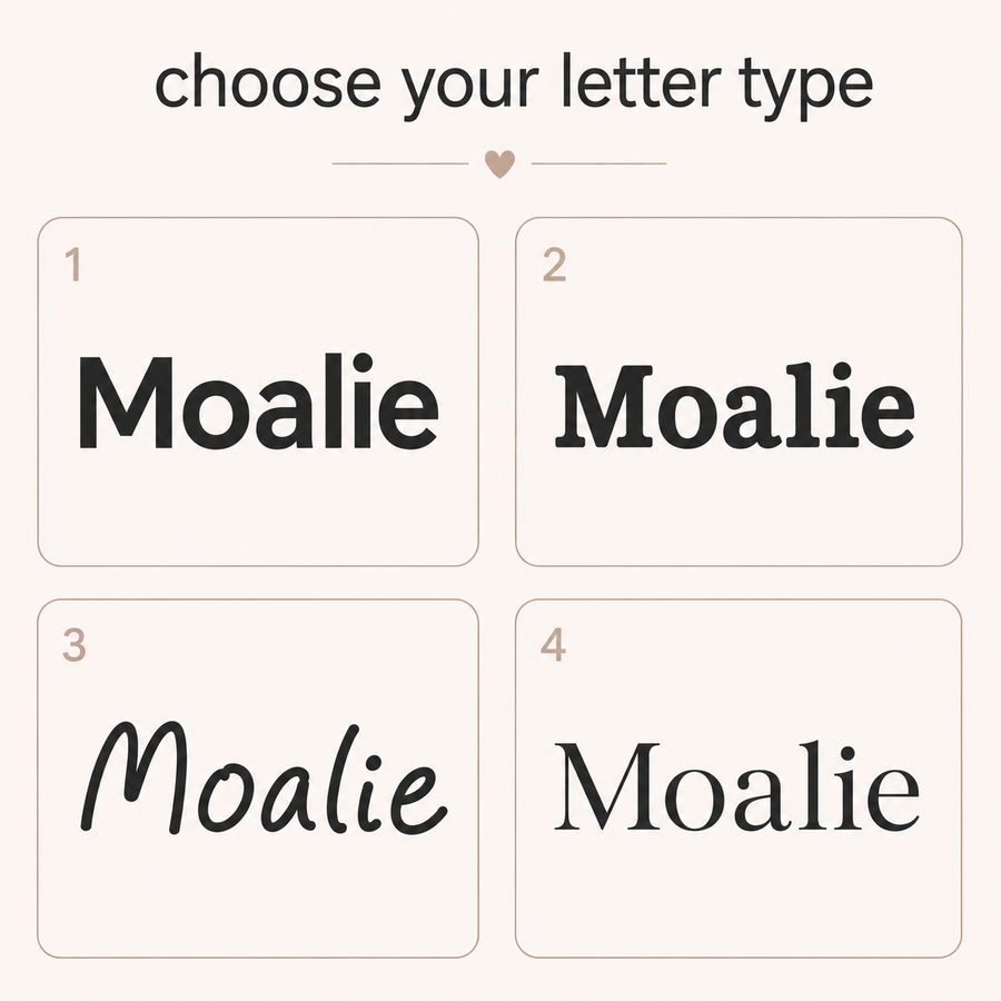 Beschikbare lettertypen voor het borduren van een naam op de Moalie babydeken