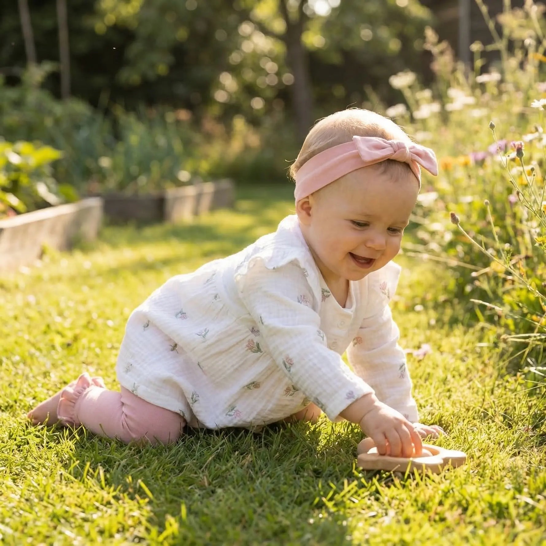 meisje spelend op het gras in een wit jurkje van hydrofiel stof met geborduurdee bloemen in roze en lila 