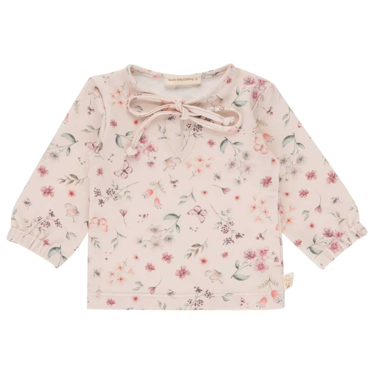 Lichtroze baby sweater met print van bloemen en vlinders 
