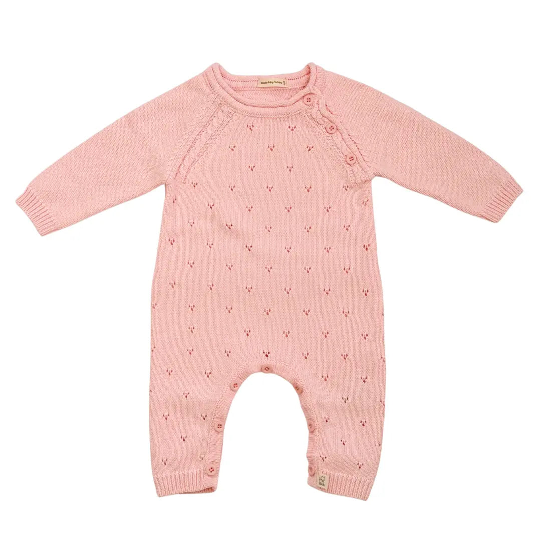 Gebreid boxpakje van roze katoen in pointelle