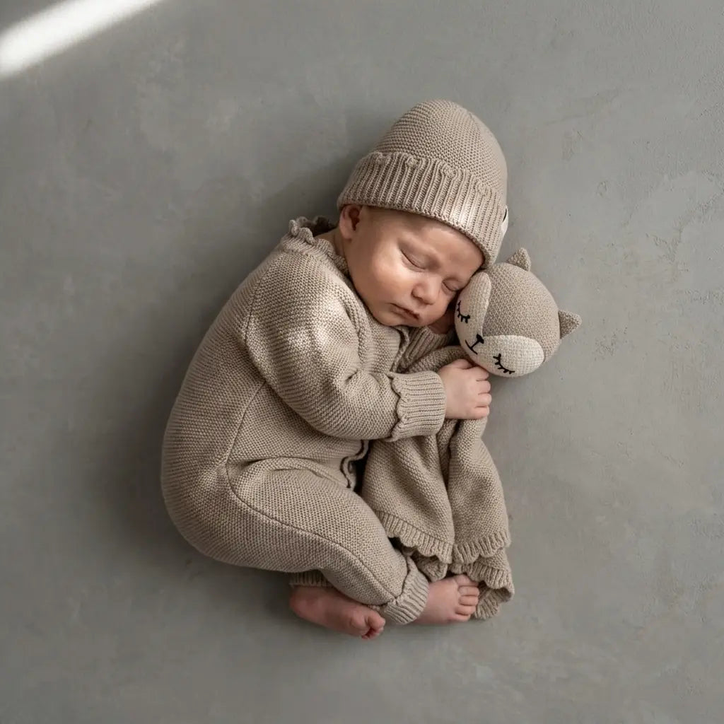 slapende baby in Gebreide katoenen newborn set Luna in beige met knuffeldoekje Fox van Moalie 