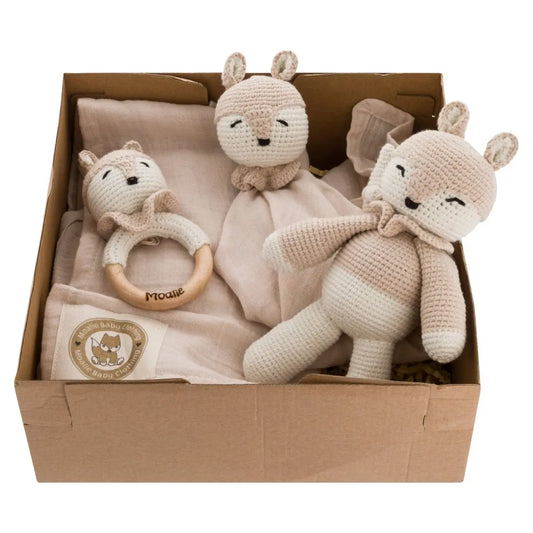 Handgemachtes Geschenkset Fox imet Kuschelfuchs, Beißring, hydrophiles Tuch und Kuscheldecke aus Bio-Baumwolle