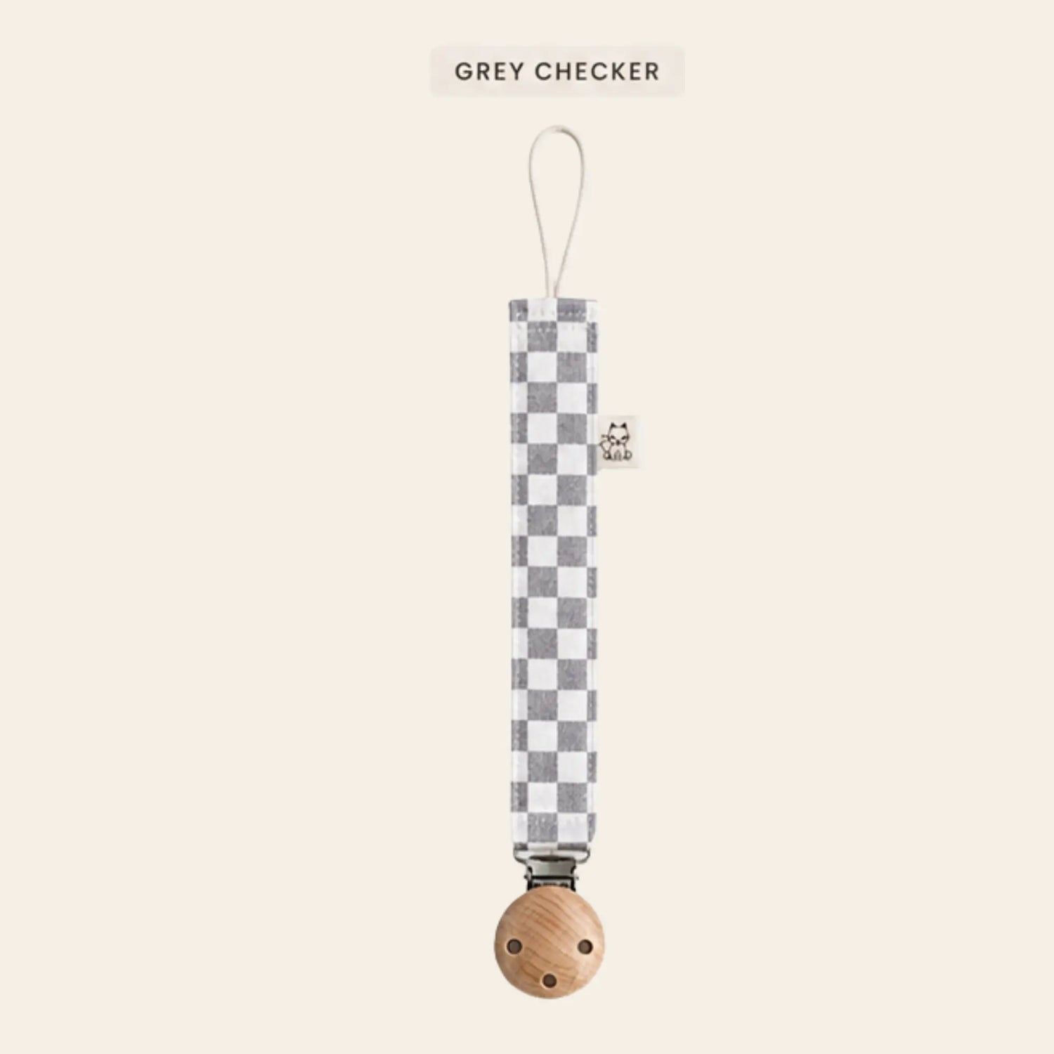 Speenkoord Checkers – grijs – katoen met houten clip