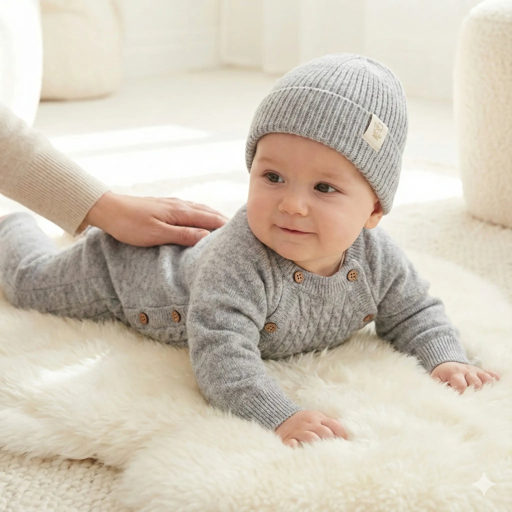 baby in buikligging op een schapen vacht kleedje. De baby draagt een grijs wollen boxpakje met kabelpatroon en een bijpassende muts van Moalie 