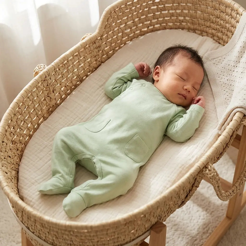 baby slapend in mozesmand. De baby draagt een mintgroen boxpakje.