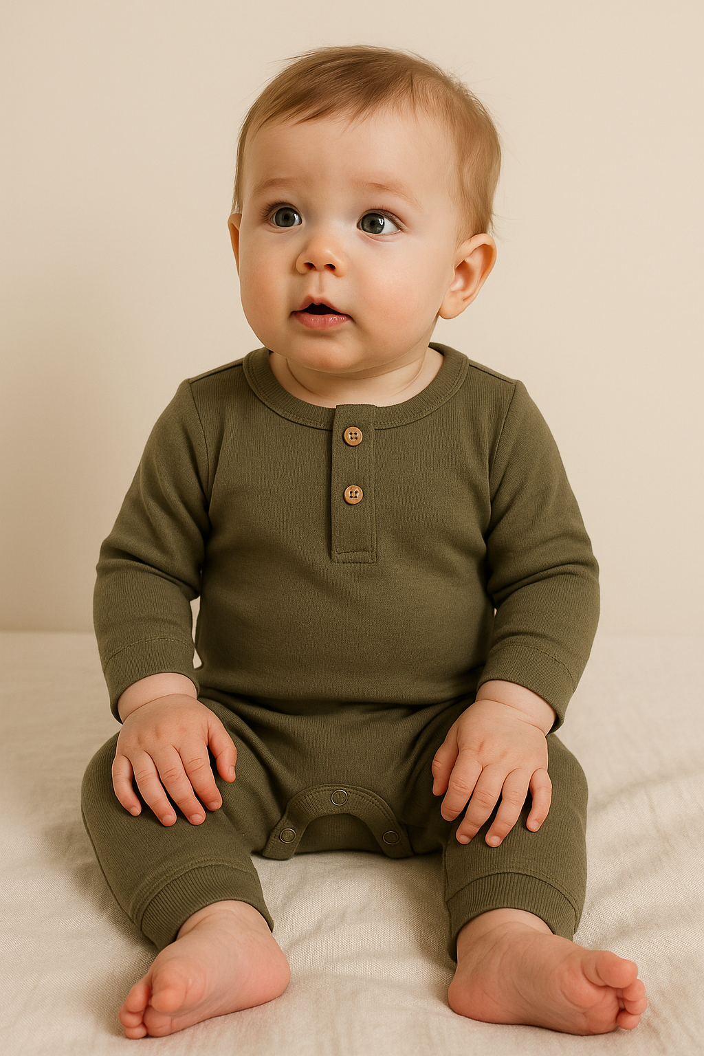 Baby in khaki groene jumpsuit van biologisch katoen 