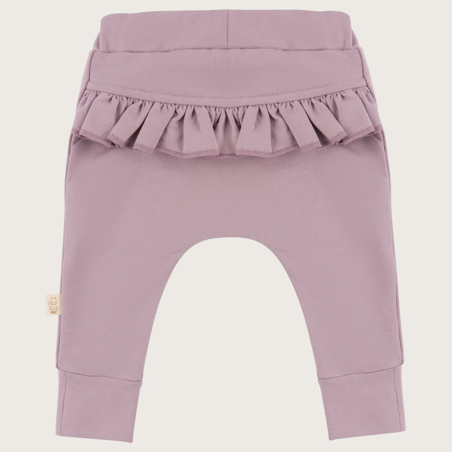 Lila kleurig baby broekje mer ruffles op de achterkant 
