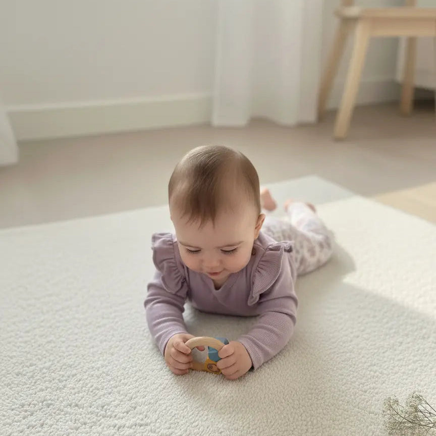 baby spelend in  buikligging op een off white kleed op de grond. De baby draagt een lila kleurige longsleeve met ruches en een gebloemde legging