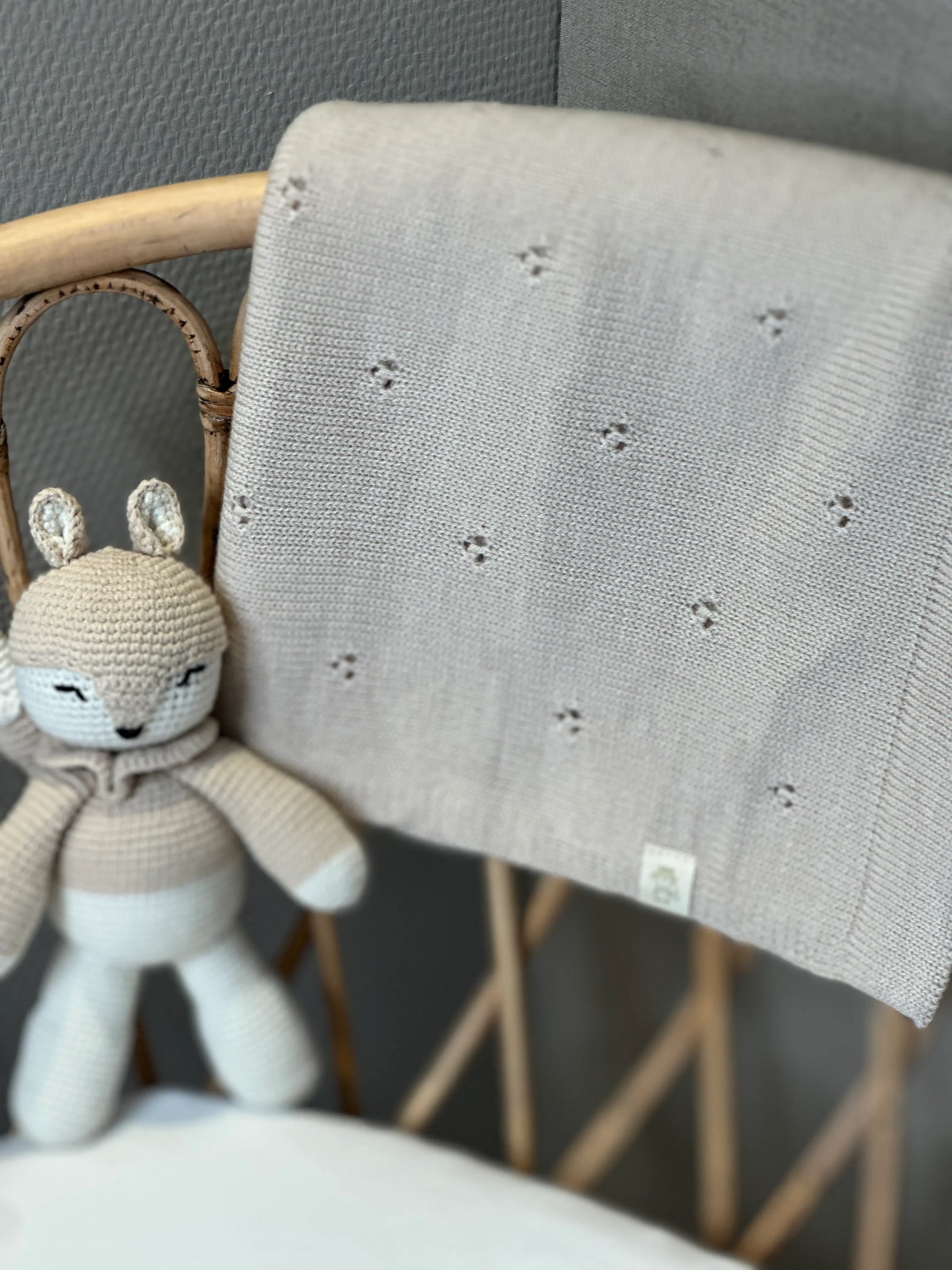 Rotan wieg met knuffeltje en wasbare merinowollen deken in Beige 