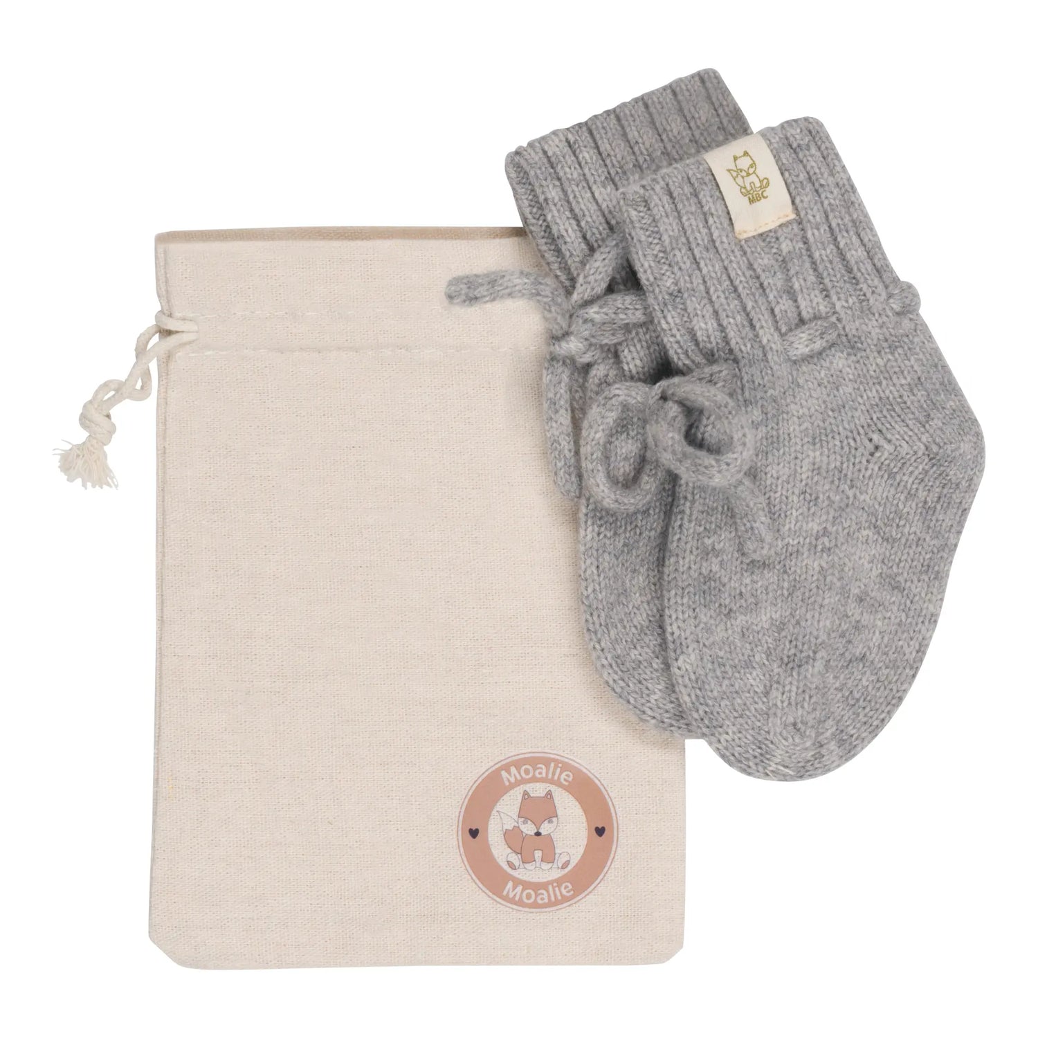 Merinowol en Cashmere Babyslofjes in Stine Grey grijs met katoenen opbergzakje  met Moalie logo
