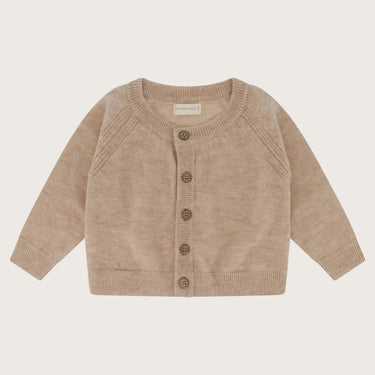 merinowollen baby vestje in beige. houten knoopjes 