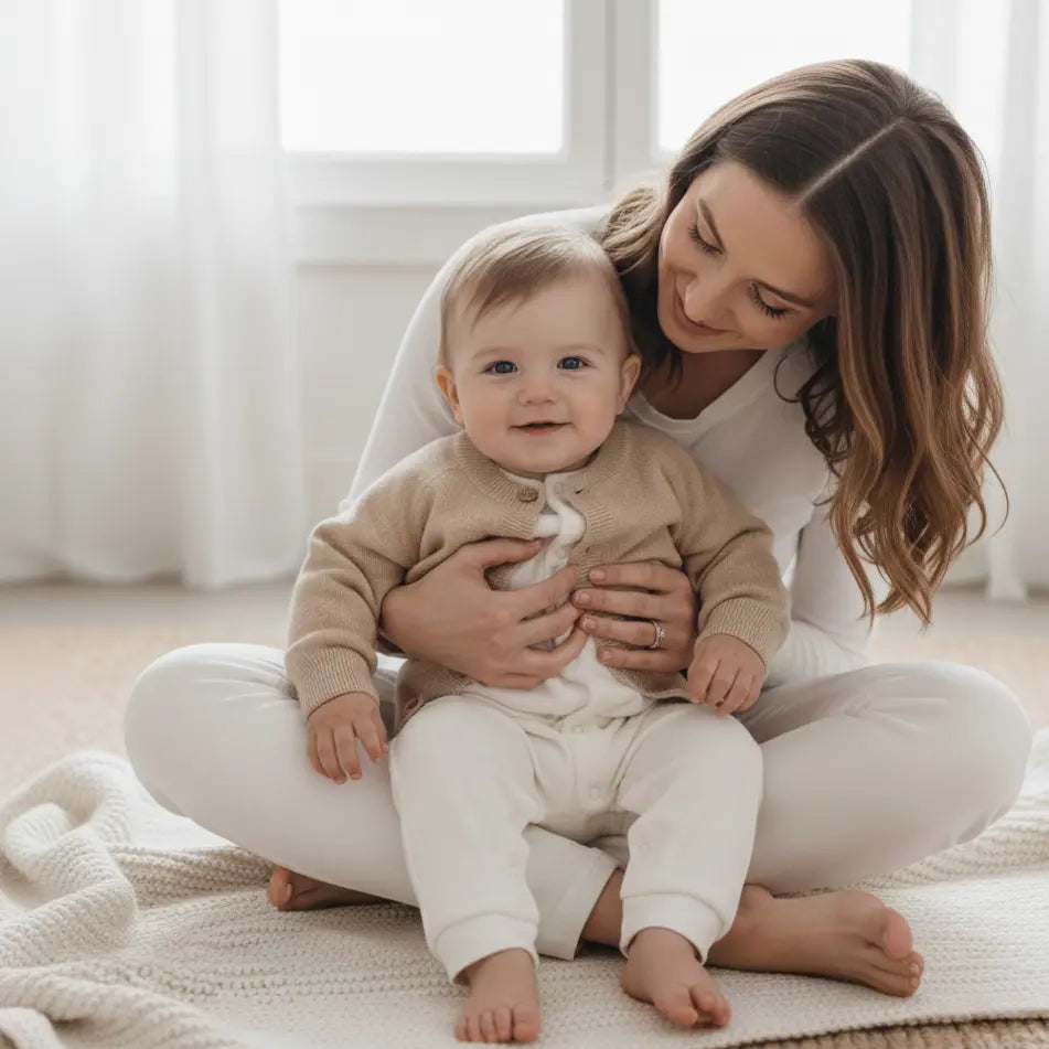 moeder en baby in een kamer met neutrale kleuren. de babu draagt off white jumpsuit Max en een merinowollen vestje in beige. de baby zit op de benen van de moeder en kijkt lachend naar de camera 