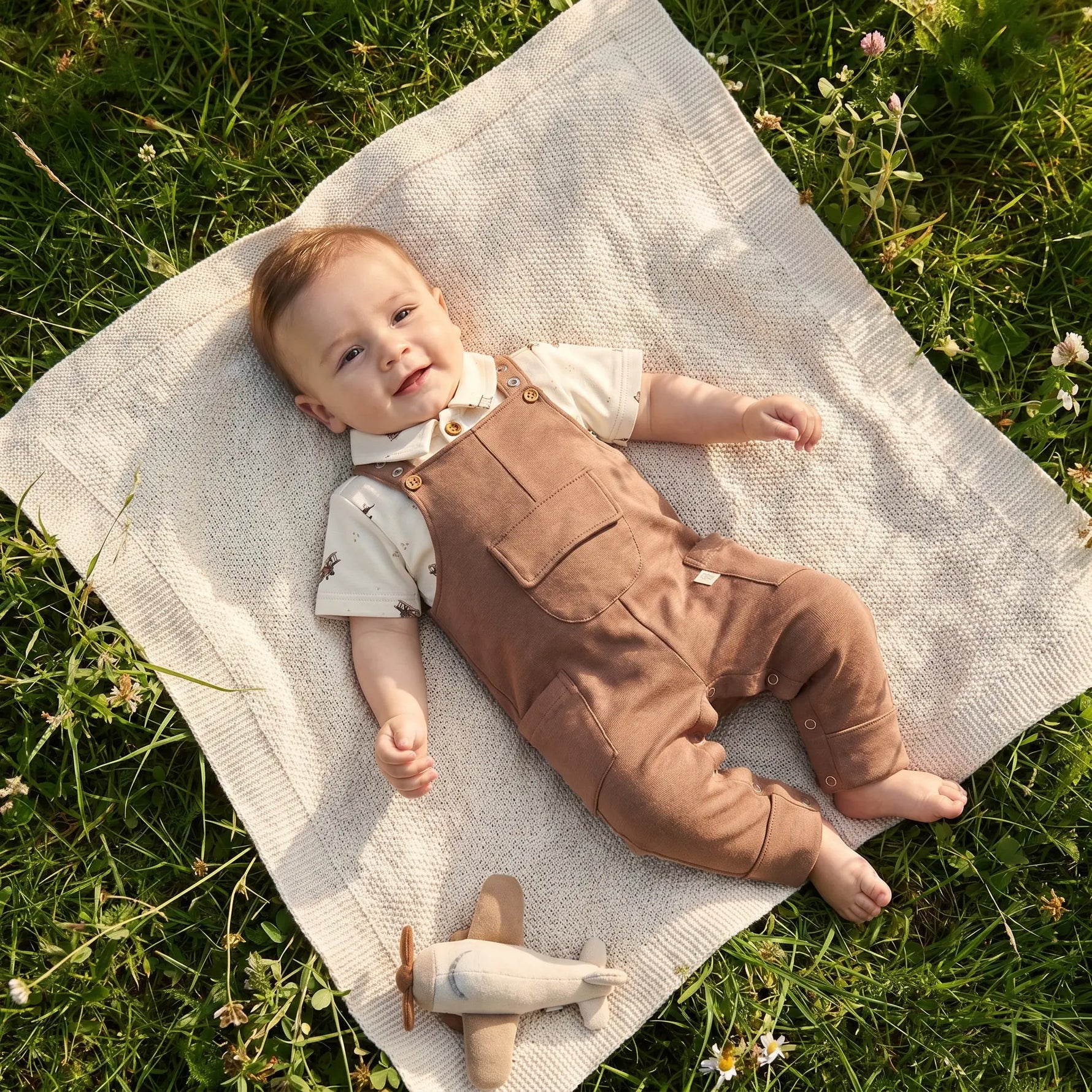 baby liggend op gras op gebreide deken, De Baby draagt een Moalie baby polo met vliegtuigprint en bruine salopette Mokka