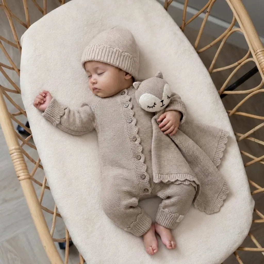 Slapende baby in rotan wieg gekleed in Newborn set gebreide katoen Luna beige