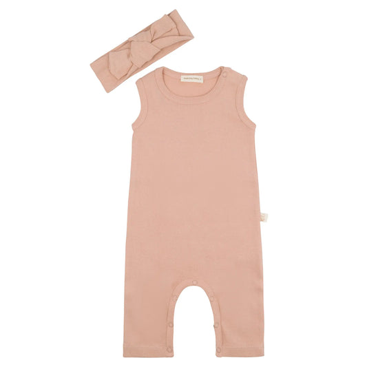 Baby-Overall in altrosa aus Bio-Baumwolle mit passendem Haarband - Größe 62 bis 86