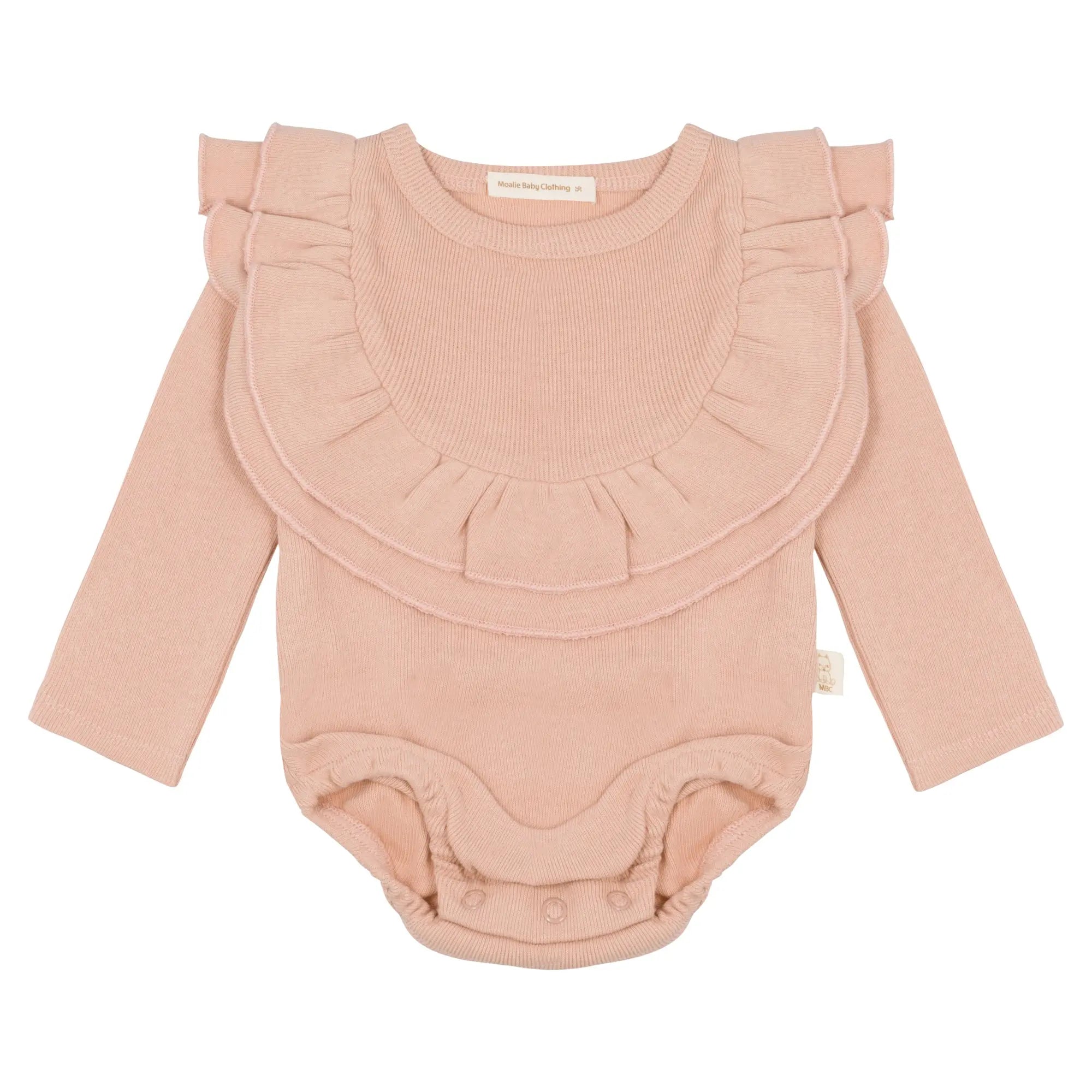 Old pink baby long-sleeved romper with double ruffles, made of organic cotton - size 56 to 86, by Moalie