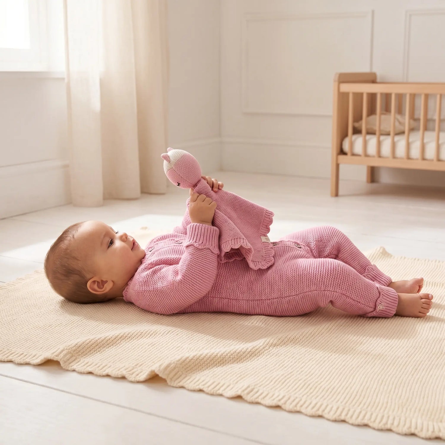 baby laying on cream coloured knitted blanket wearing a pink knitted babygrow and playing with a pink knitted toy.