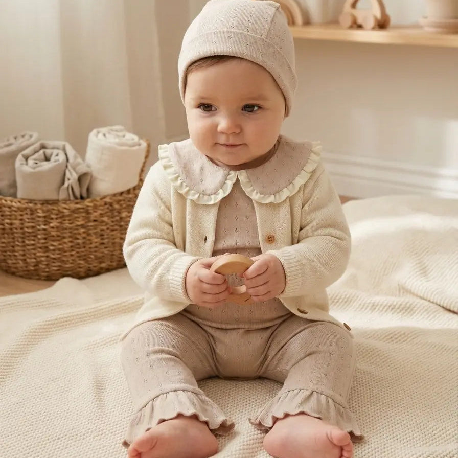 baby in beige kleurig pointelle setje met ruffel legging en romper met geschulpte rand. De baby draagt hierbij een merinowol/cashmere vestje in crream kleur. 