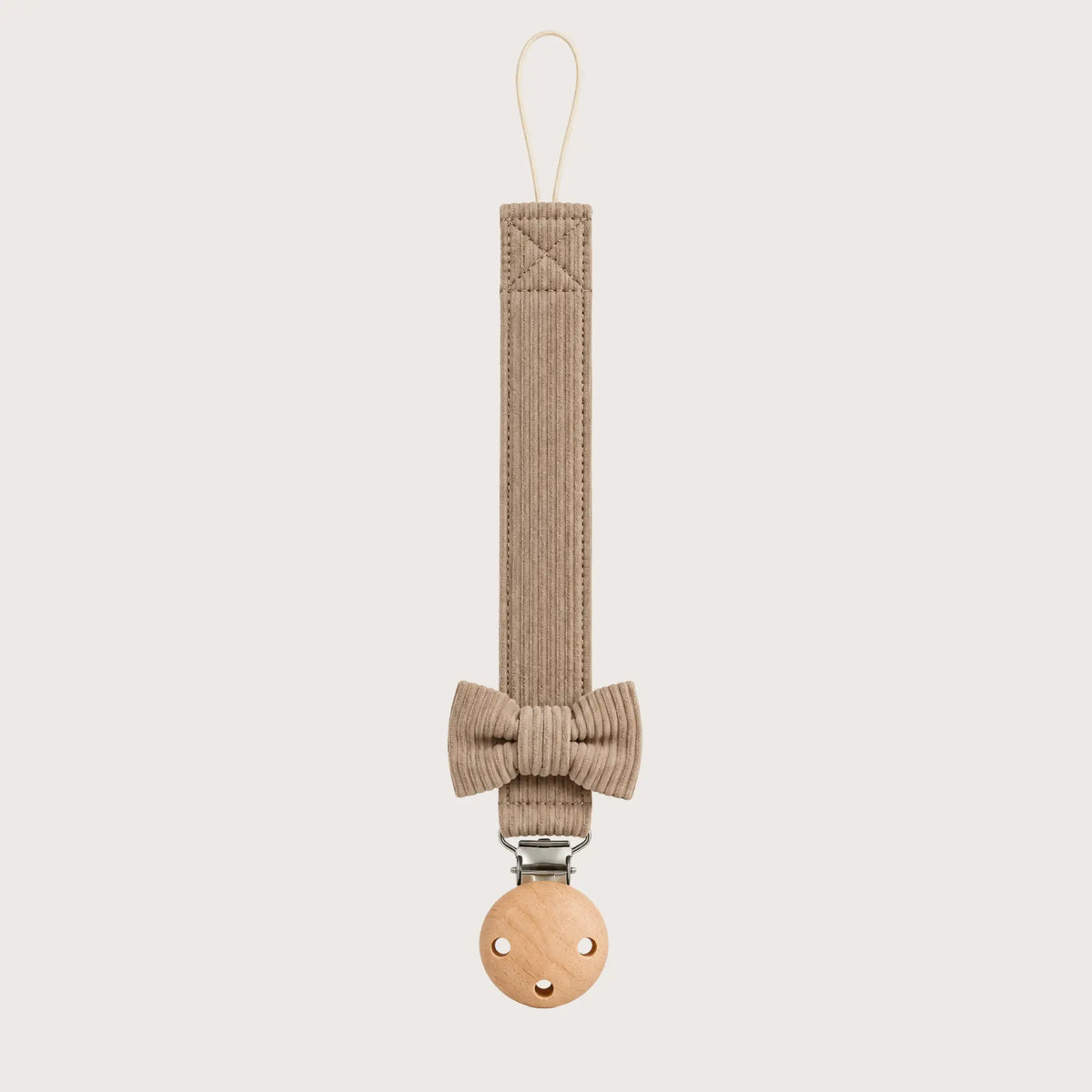 Speenkoord met strik – taupe – ribstof met houten clip