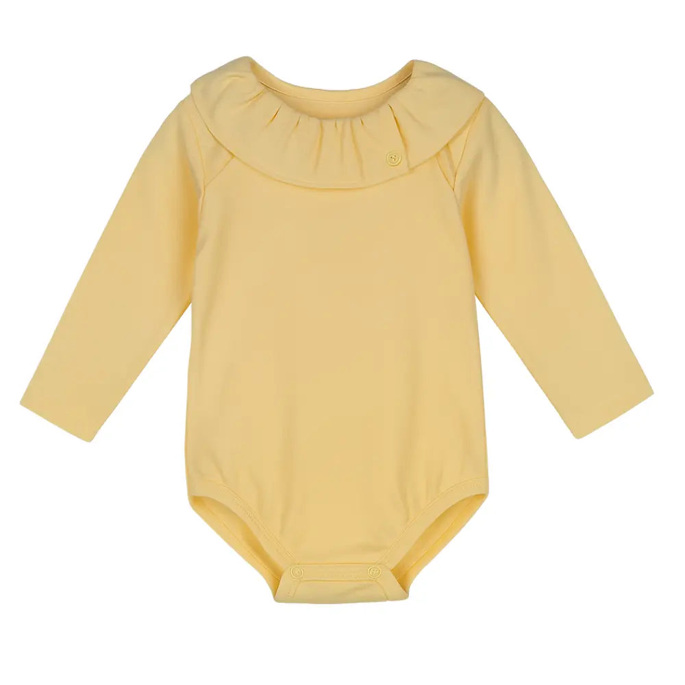 Romper met ruffle kraagje – zacht katoen in roze, geel & groen Moalie