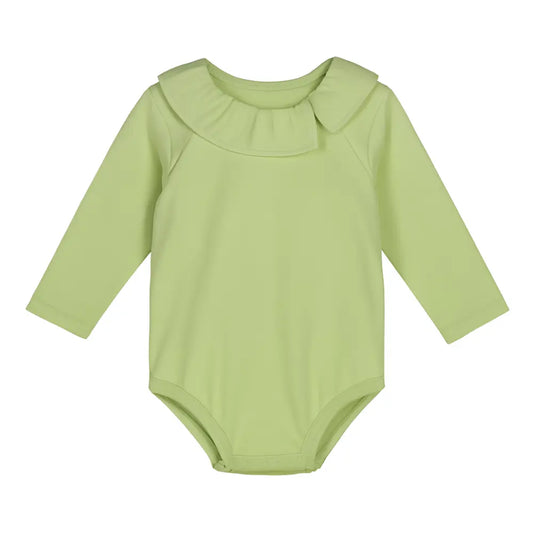 Romper met ruffle kraagje – zacht katoen in roze, geel & groen Moalie