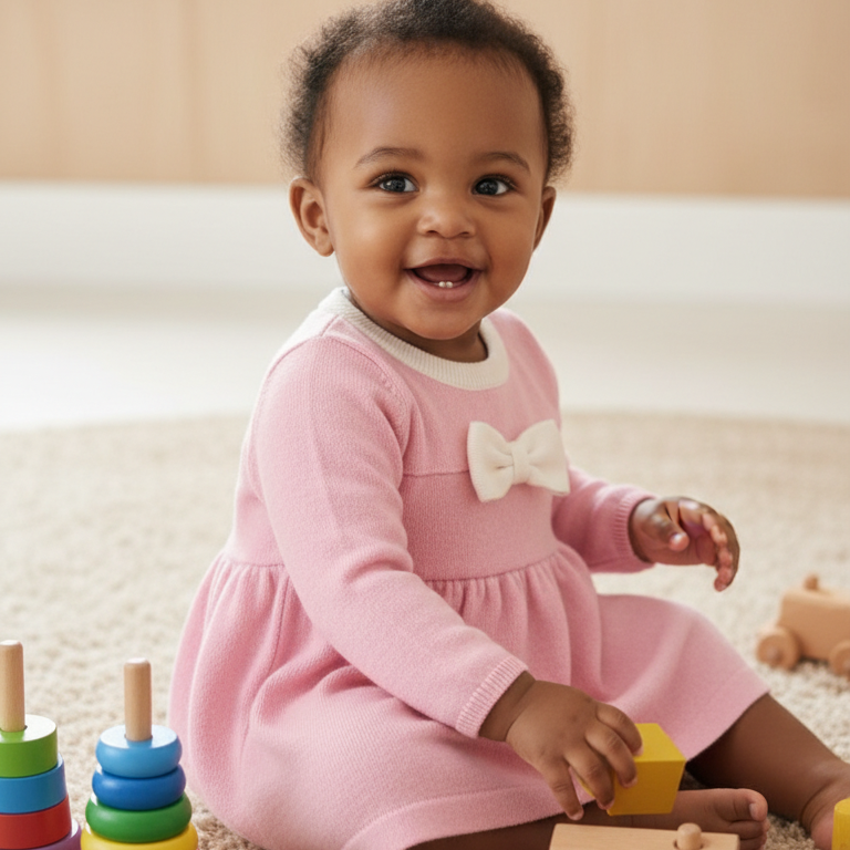 baby zittend op speelkleed. Het meisje draagt een roze wollen jukrje met witte bies en wit tsrikje voor. Het jurkje is gemaakt van merinowol en cashmere 