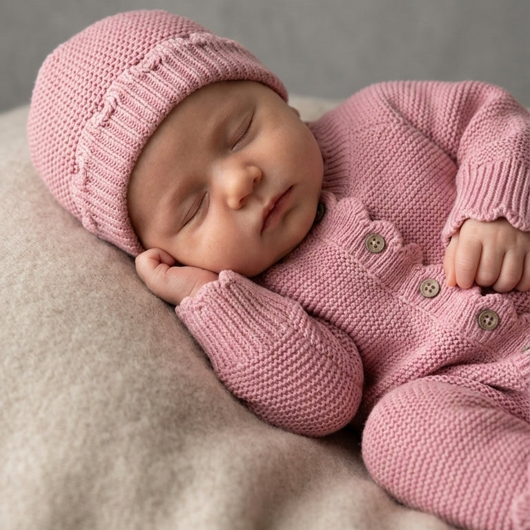 Slapende baby in boxpakje van roze Katoen met bijpassend mutsje