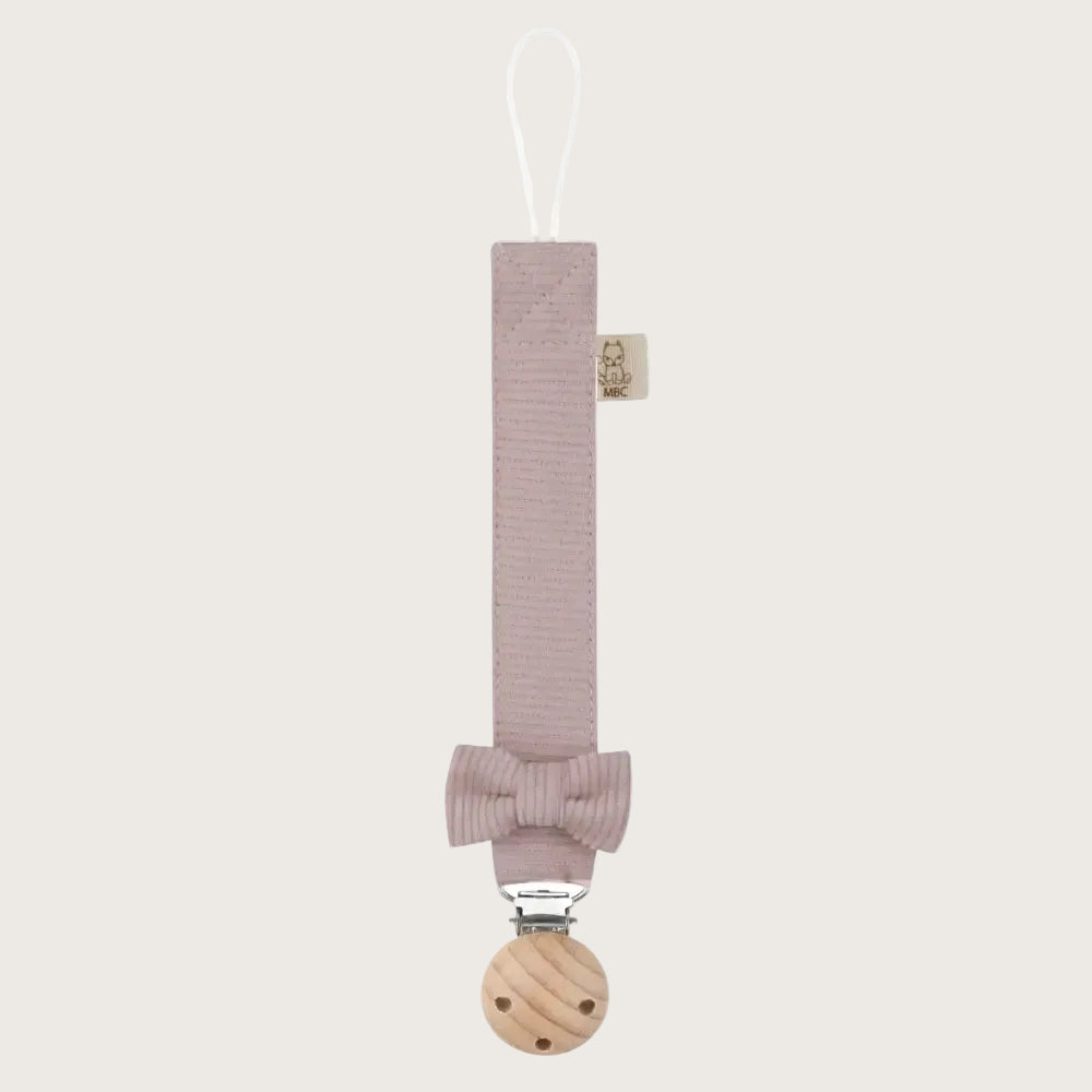 Rosa Schnullerkette mit Schleife aus Rippstoff mit Holzclip
