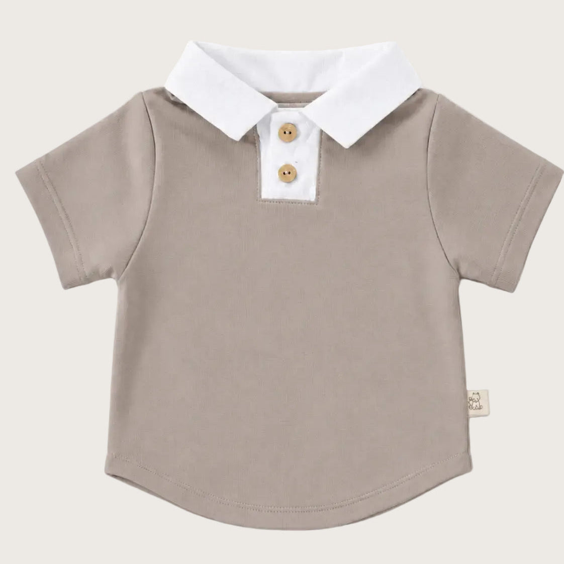 Taupe kleurig baby polo shirtje met linnen kraagje 