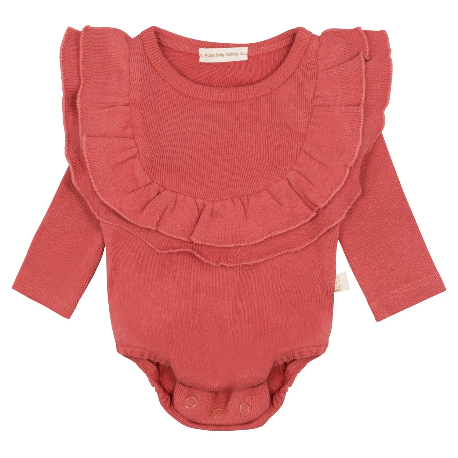 Terra cotta romper met ruffle van biologisch katoen Moalie