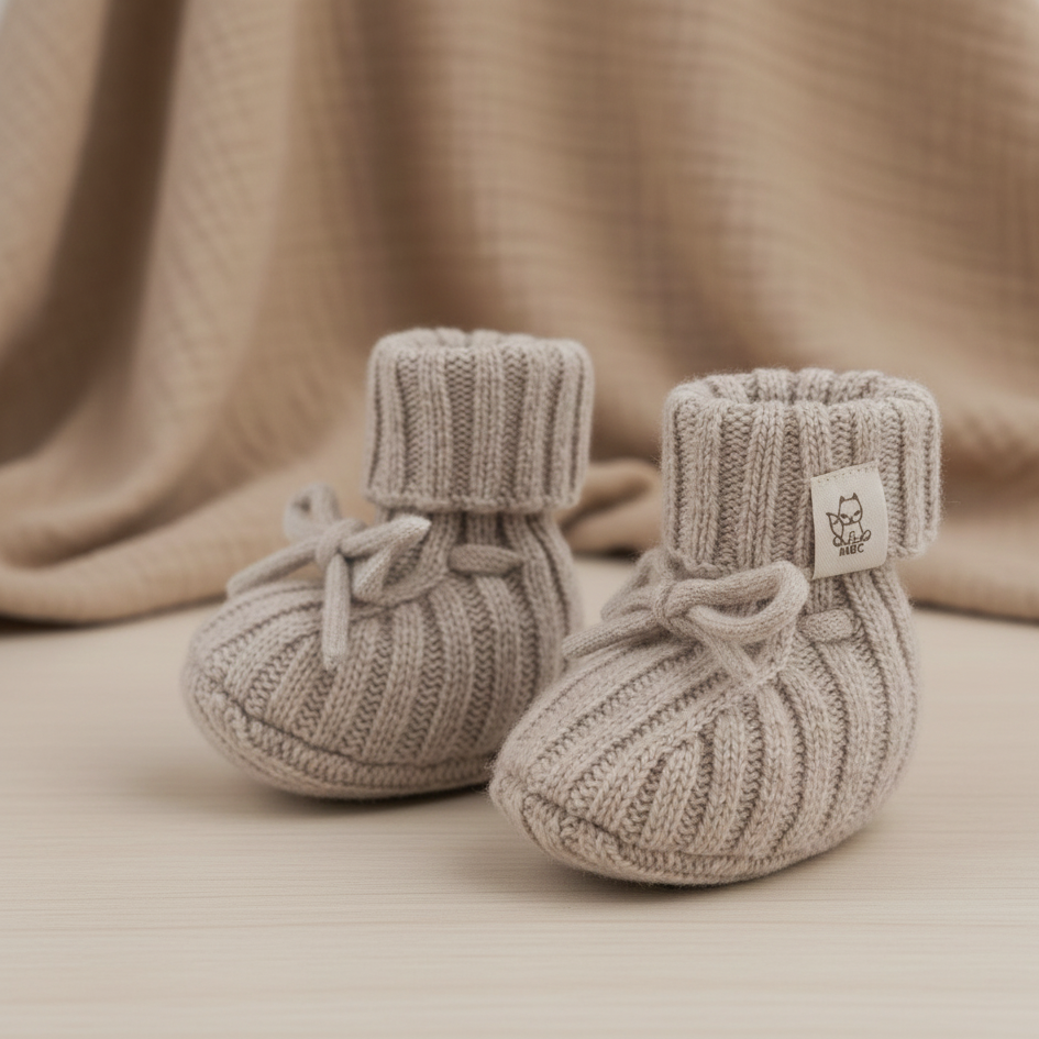 Wollen newborn slofjes in zandkleur 